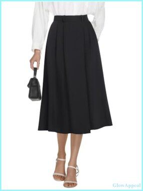 A-Line Midi Skirt Women Business Casual Pleated High Waisted Work Skirt